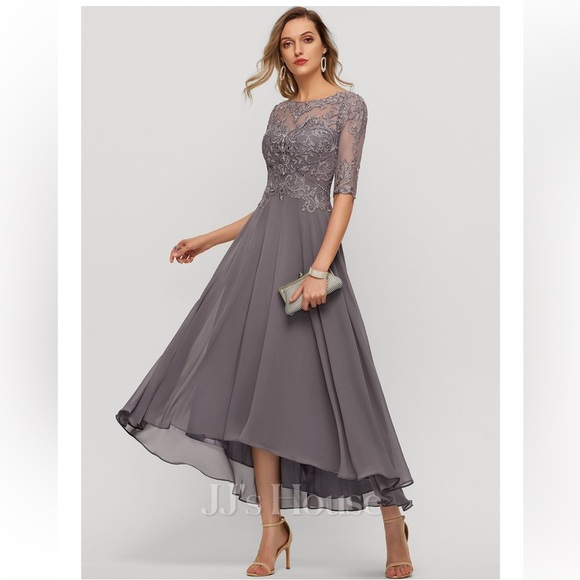 NWT JJ's House Gray Lace Top Chiffon High Low Hem Formal Dress Short Sleeve 4 - Picture 1 of 9